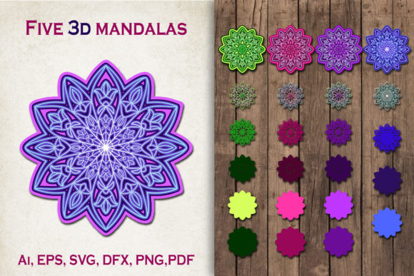 3D Mandalas in Five Color Versions: Graphics for Crafts