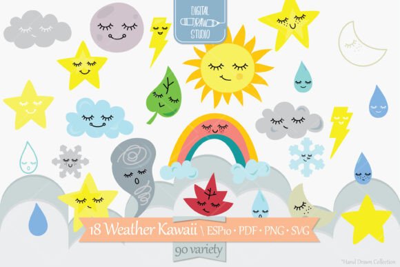Color Weather Kawaii Star, Moon, Sun Graphics & Illustrations