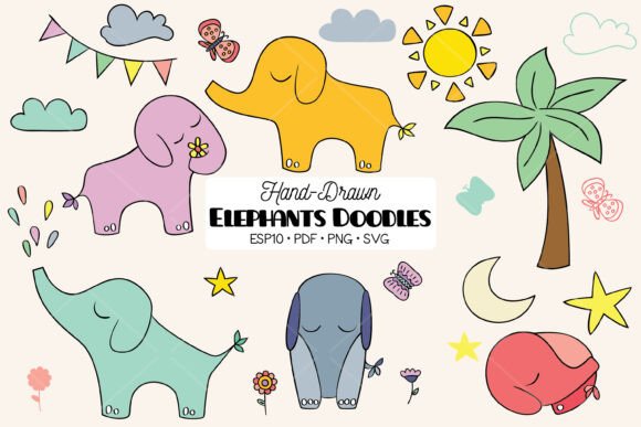 Hand Drawn Baby Elephants Nature Color Graphics