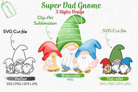 Super Dad Gnome Watercolor-Outline-Color Graphics for Crafts